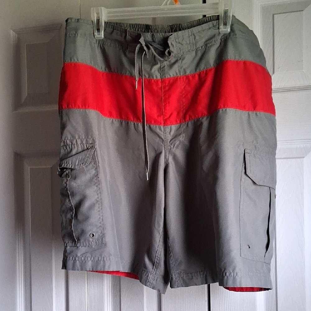 Gray and Red Men's Swim Board Shorts
